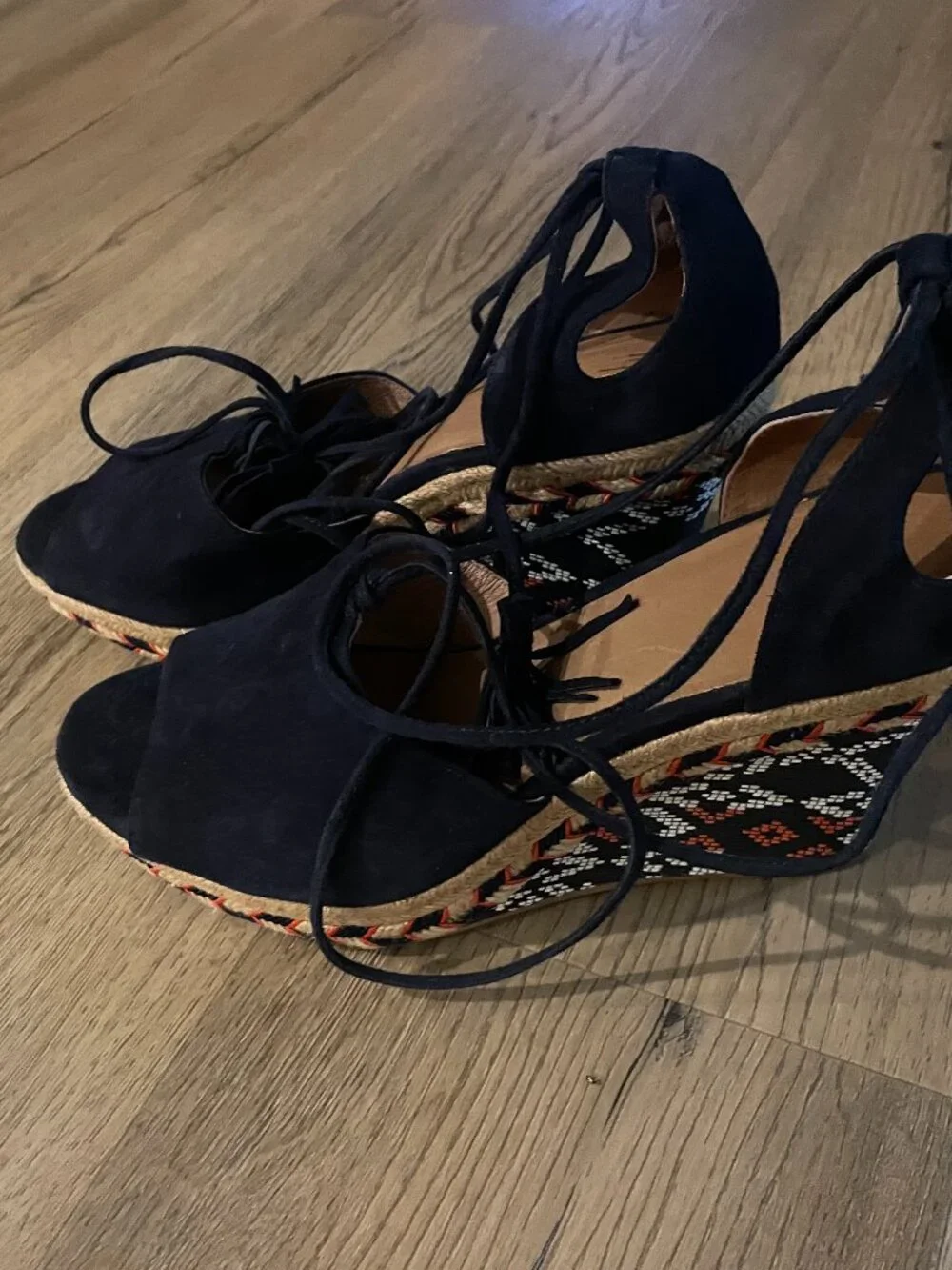 Cabi Navy Blue Suede Lace Up Peep Toe Espadrille Wedge Sandal 10 Boho Southwest!
